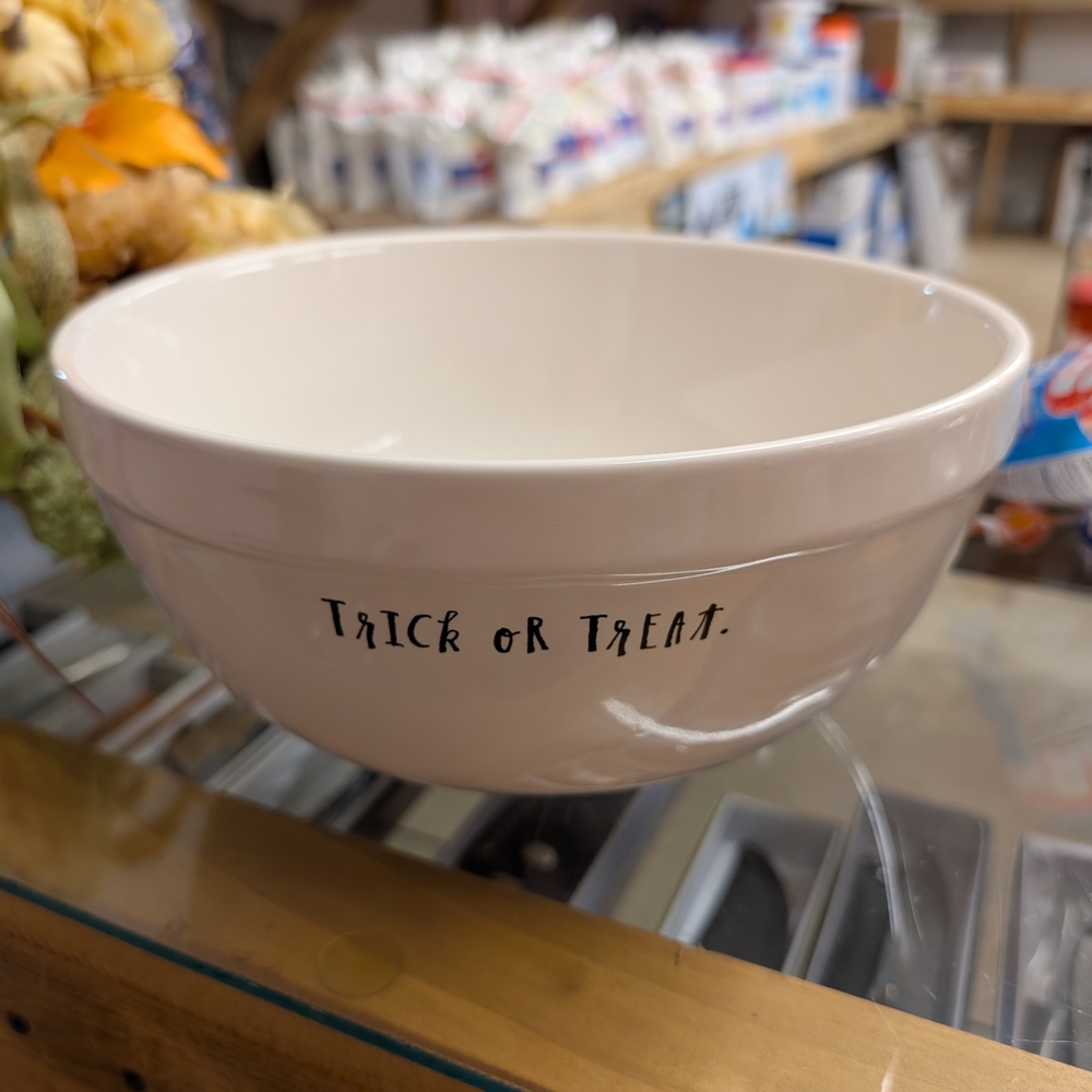 Rae Dunn Artisan Collection White Bowl "Trick Or Treat" With Scarecrows On Back
